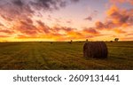 A bale of hay in field under dramatic sunset sky. Golden hour in farm landscape. Rural scene for agriculture concept. Harvest and countryside background.