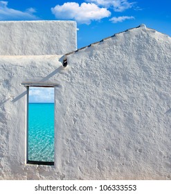 Balearic Islands Idyllic Turquoise Beach View Through Whitewashed House Open Door