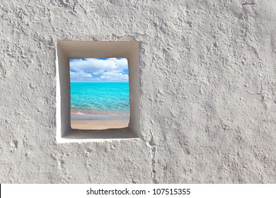 Balearic Islands Idyllic Turquoise Beach View Through Whitewashed House Open Door [ Photo-illustration]