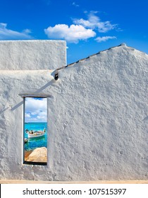 Balearic Islands Idyllic Turquoise Beach View Through Whitewashed House Open Door [ Photo-illustration]