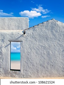 Balearic Islands Idyllic Turquoise Beach View Through Whitewashed House Open Door