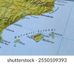 Balearic Islands, Mallorca, Menorca, a detailed atlas map focused on travel destinations, tourism backgrounds, world trade, and economy