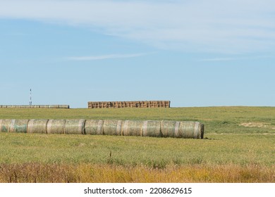 Bales Of Hay Lined Up On A Alberta Farm Field