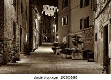 Bale-Valle, Istria, Croatia, Street In Winter Night, Istria, Sepia Toning