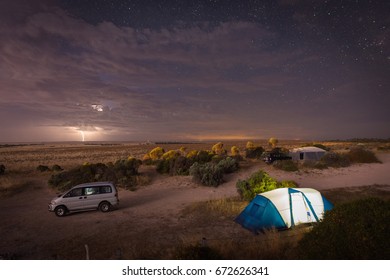 Balgowan, Australia - December 19, 2016: Night Thunder Storm With Lightning Strikes At The Gap Camping Ground In Yorke Peninsula, South Australia