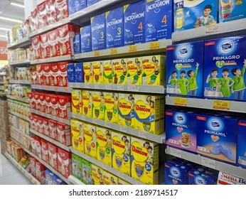 Bali, Indonesia - August 13, 2022: Market Aisle Filled With Powdered Baby Milk Formula A Commercial At Indomart.