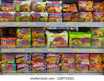 Bali, Indonesia - August 13, 2022: Variety Brand Of Instant Noodles On Display At Supermarket Shelf.