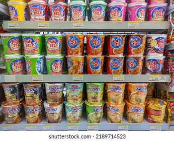 Bali, Indonesia - August 13, 2022: Variety Brand Of Instant Noodles On Display At Supermarket Shelf.