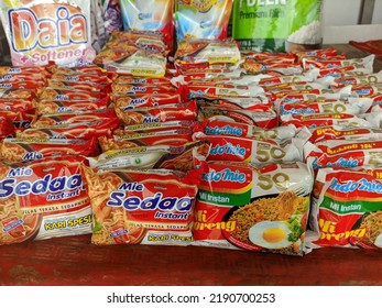 Bali, Indonesia - August 13, 2022: Variety Brand Of Instant Noodles On Display At Supermarket Shelf.