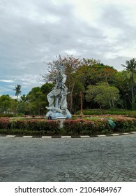 Bali, Indonesia - Dec 2021 : Beautiful statue of Dewa Indra at the center of crossroad at Nusa Dua