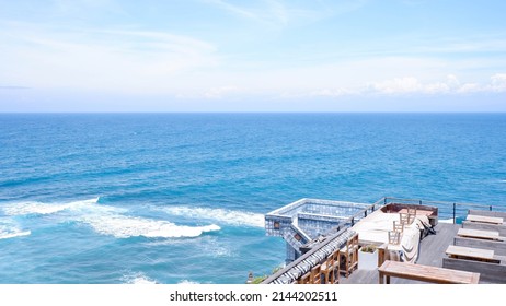 Bali, Indonesia, February 1, 2022. The atmosphere of the Single Fin Cafe on Uluwatu Beach Bali has a very precise location for watching sunset views because it is on the edge of a cliff. 
