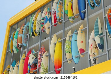 BALI, INDONESIA, February 17, 2012 : A Surfboard Affixed To The Front Of The Building As A Symbol, And This Ornament Is The Hallmark Of Bliss Surfer Hotel, Legian, Kuta