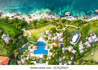 Bali, Indonesia - July 4 2022: Top down Aerial view of the famous Ayana luxury resort and the Rock bar that lies directly on the cliff of the Bukit Peninsula in south Bali.