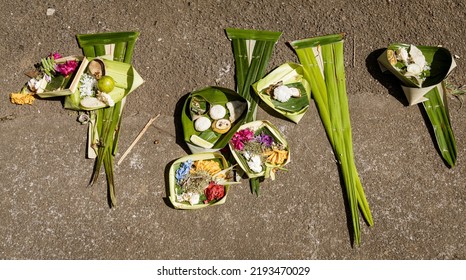 Bali, Indonesia, June 1, 2022 - Offering Baskets Set Out For Galungan Day