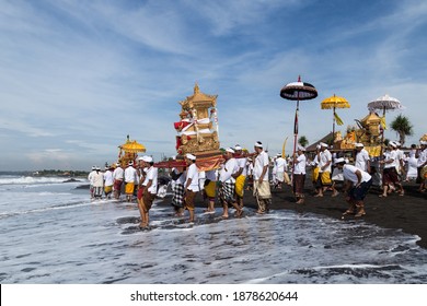 Bali, Indonesia - March 14, 2018: Melasti Ceremony Before Balinese New Year - Nyepi In Mescati Beach, Bali.