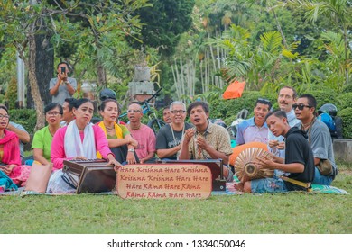 Bali, Indonesia - March 5, 2019: International Society For Krishna Consciousness Singing Mantras And Preaching At Park