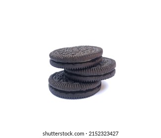 BALI, INDONESIA - MAY, 2nd 2022 - Three Oreos Arranged Sideways Isolated On A White Background