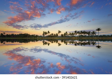 Bali, Indonesia. Sunset Over The Rice Fields Reflected In The Water