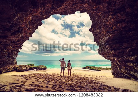 Bali seascape with huge waves at beautiful hidden white sand beach. Bali sea beach nature, outdoor Indonesia. Bali island landscape. Summer holidays at ocean beach. Travel vacation in Indonesia beach