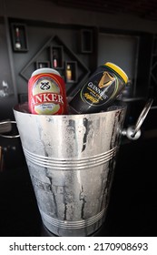 Balige,toba-06-15-2022:Two Canned Beer In A Ice Bucket