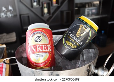 Balige,toba-06-15-2022:Two Canned Beer In A Ice Bucket