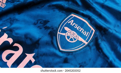 Balikpapan, 10 september 2021. Arsenal jersey, the third kit design in coral blue for the 202021 season with Adidas.