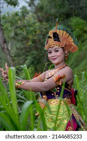 Balinese dancer woman outdoors with colorful bird costume in rainforest
