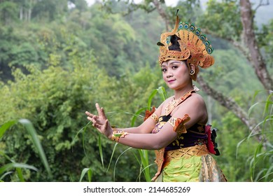 Balinese dancer woman outdoors with colorful bird costume in rainforest
