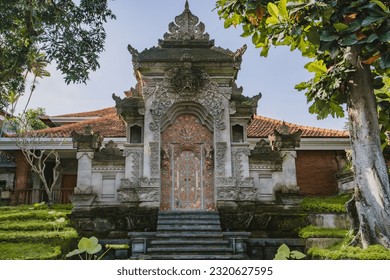 Balinese hindu temple building. Indonesian architecture of holly places, ancient bali carved stone temple with entrance steps