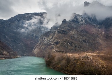 Balkan Landscape With River And Mountains