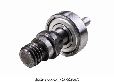 Ball Bearing And Metal Axle. Spare Parts For Production Machines. Isolated Background.