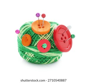 Ball of bright knitting yarn with buttons and pins isolated on white