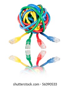Ball of Brightly Multi Colored Network Cables and Plugs with Reflection Isolated on White Background. Ball of of coloured RJ45 Wires