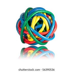 Ball of Brightly Multi Colored Network Cables with Reflection Isolated on White Background. Ball of of coloured Wires