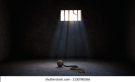 ball and chain for prisoner in jail with broken prison bars, prisoner escape concept scene