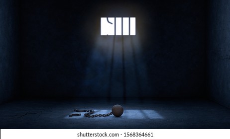 ball and chain for prisoner in jail with broken prison bars, prisoner escape concept scene