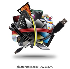 A ball of different electronic media devices ranging from a laptop to  a television. A usb cord wire is wrapped around the gadgets on a white background. - Powered by Shutterstock