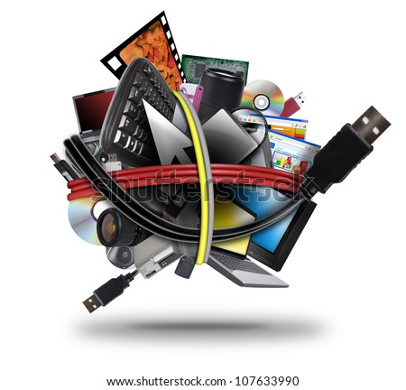 A ball of different electronic media devices ranging from a laptop to  a television. A usb cord wire is wrapped around the gadgets on a white background.