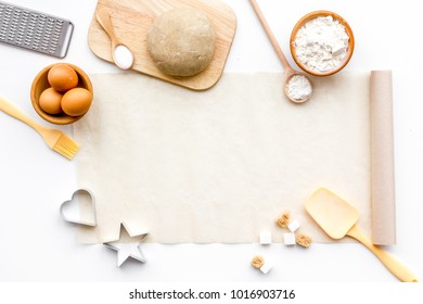 Ball Of Fresh Raw Dough Near Ingedients And Cookware On White Background Top View Copy Space