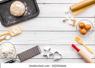 Ball Of Fresh Raw Dough Near Ingedients And Cookware On White Wooden Background Top View Copy Space