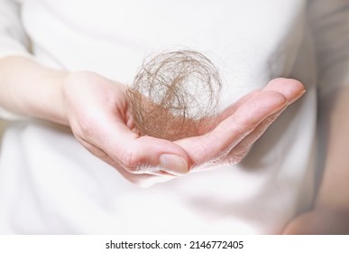 Ball of hair on a woman's hand. Hair loss, health concept. Hair fall disease. Female pattern baldness or alopecia. Hair loss due to anxiety or coronavirus. - Shutterstock ID 2146772405