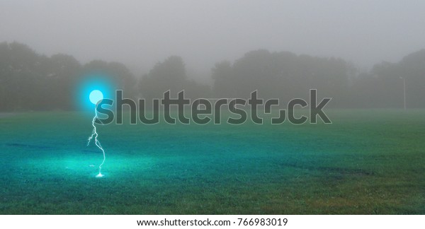 Ball lightning on\
a rural field in the rain.