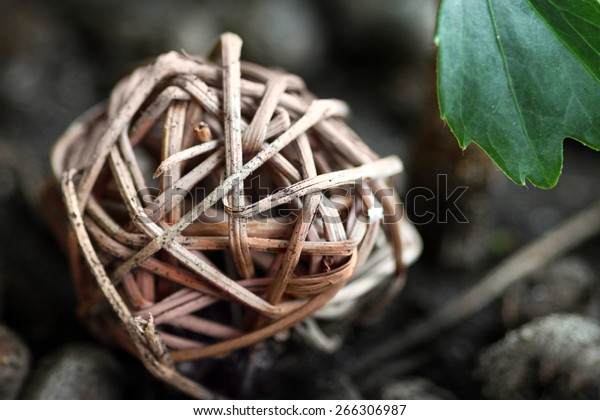 Ball\
made of wooden rods on a background of green\
leaf