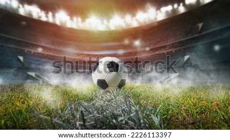 ball on the green field in soccer stadium. ready for game in the midfield, 3D Illustration