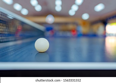 Ball On Table Tennis Sport Or Ping Pong On Table And Blurred Background In Activity Game, Net On Table For Competition Championship 