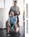 Ball, physiotherapy and man with mature patient for wellness, medical service and consulting. Healthcare, chiropractor and physical therapist with person for rehabilitation, recovery and mobility