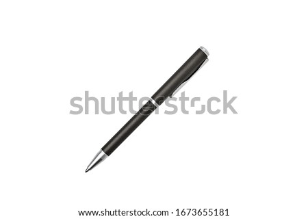 Ball point pen isolated on white background, metal pen grey color.