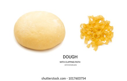 Ball Of Raw Fresh Dough Isolated On White Background Top View With Clipping Path And Italian Pasta