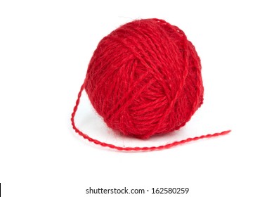 Ball Of Red Wool Yarn Isolated On A White Background