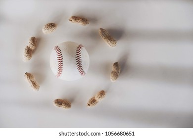 Ball Surrounded By Circle Of Ballpark Peanuts, Perfect Baseball Game Food.  